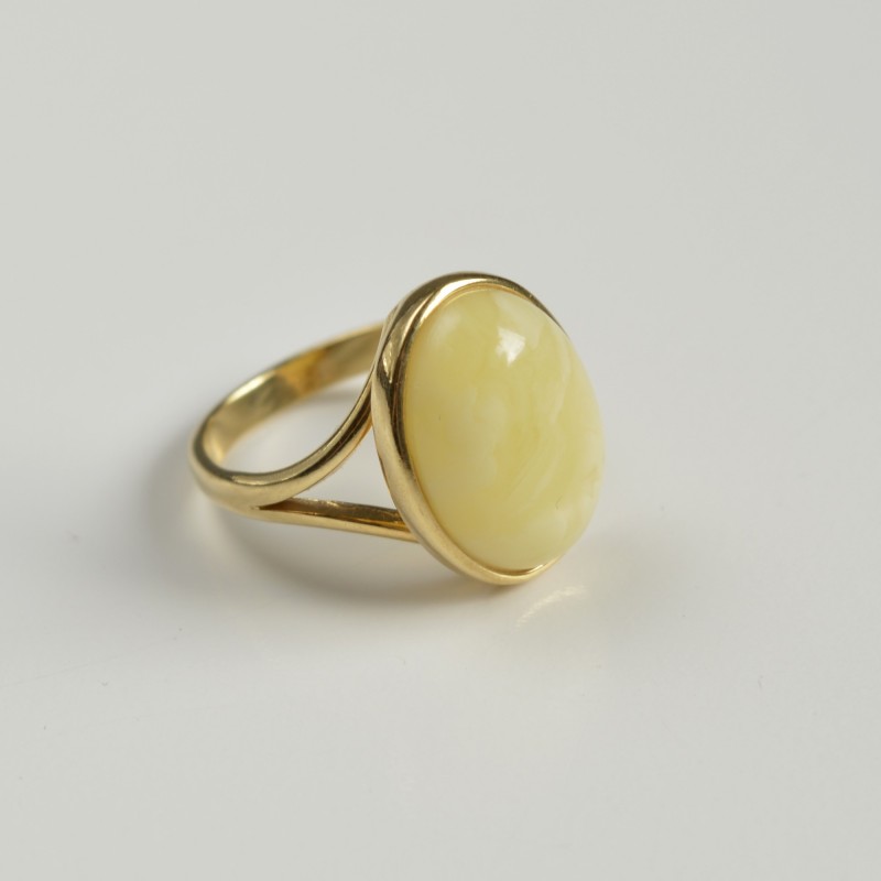 Milky White Baltic Amber Ring with Gold-plated Silver Pattern, Natural White Amber