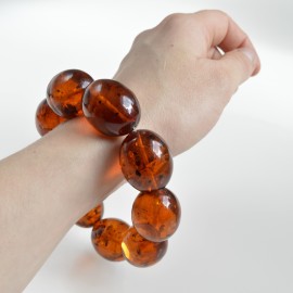 Cognac Baltic Amber Bracelet, Natural Polished Amber Bracelet Olive Beads, Summer Safari