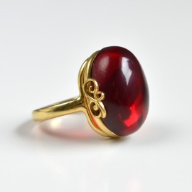 Red Baltic Amber Ring with Gold-plated Silver Floral Motive Pattern, Natural Cherry Amber