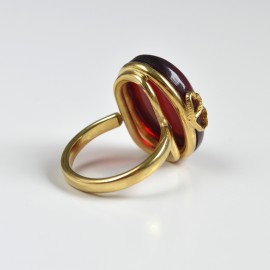 Red Baltic Amber Ring with Gold-plated Silver Heart Motive Pattern, Natural Cherry Amber