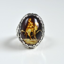 Natural Amber Signet Ring with Silver Pattern, Natural Yellow Amber with Hand Carved Camel, Mens Amber Signet Ring size