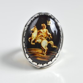 Cognac Baltic Amber Signet Ring with Silver Pattern, Natural Amber with Hand Carved Wild Horse Pattern, Mens Amber Signet Ring