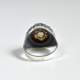 Amber Signet Ring with Silver Pattern, Natural Yellow Amber with Hand Carved Rose Flower, Amber Signet Ring