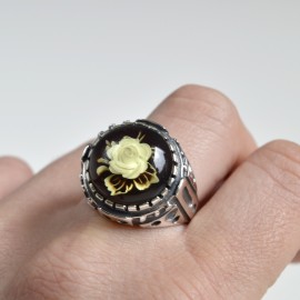 Amber Signet Ring with Silver Pattern, Natural Yellow Amber with Hand Carved Rose Flower, Amber Signet Ring