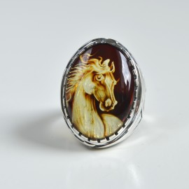 Butterscotch Baltic Amber Ring with Gold-plated Silver Heart Motive Pattern, Natural Yellow Amber with Hand Carved Flower