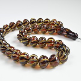 copy of Handcarved Genuine Baltic Amber Misbaha Prayer, Tea Color Natural Baltic Amber Spiral Pattern Rosary 76 grams