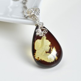 Deep Tea Cognac Amber Pendant with 925 Silver, Hand-carved Girl with a Bird Pattern, Exclusive Amber Pendant, Drop Shape Pendant