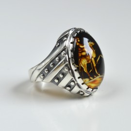 Natural Amber Signet Ring with Silver Pattern, Natural Yellow Amber with Hand Carved Camel, Mens Amber Signet
