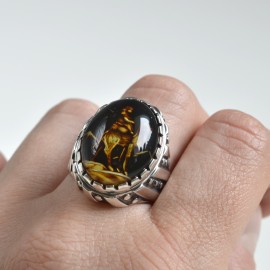 Natural Amber Signet Ring with Silver Pattern, Natural Yellow Amber with Hand Carved Camel, Mens Amber Signet
