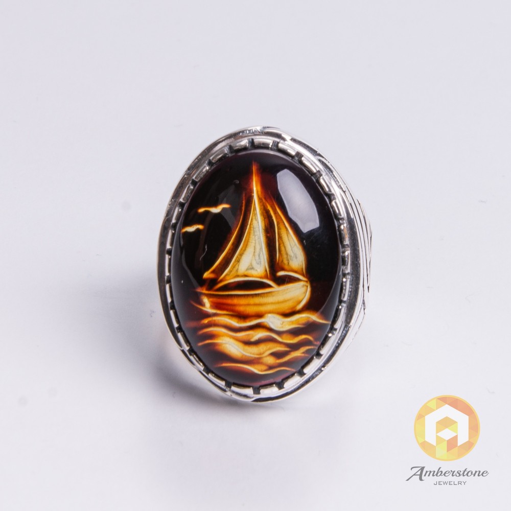Cognac Baltic Amber Signet Ring with Silver Pattern, Natural Yellow Amber with Hand Carved Sailing Ship, Mens Amber Signet Ring
