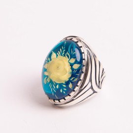 Blue Amber Signet Ring with...