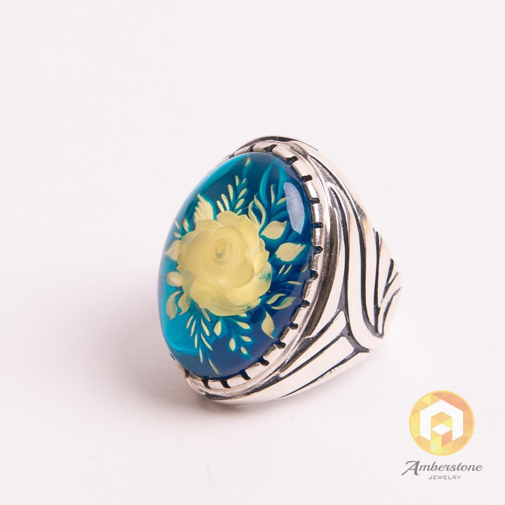 Blue Amber Signet Ring with Silver Pattern, Natural Amber with Hand Carved Rose Flower, Amber Signet Ring