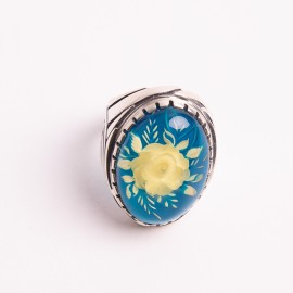 Blue Amber Signet Ring with Silver Pattern, Natural Amber with Hand Carved Rose Flower, Amber Signet Ring