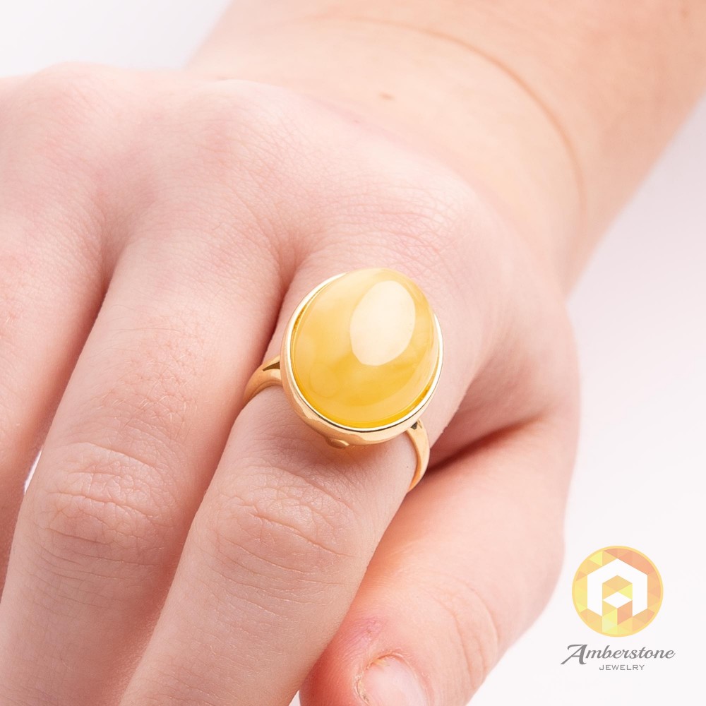Milky White Yellow Baltic Amber Ring with Gold-plated Silver Pattern, Natural White Amber