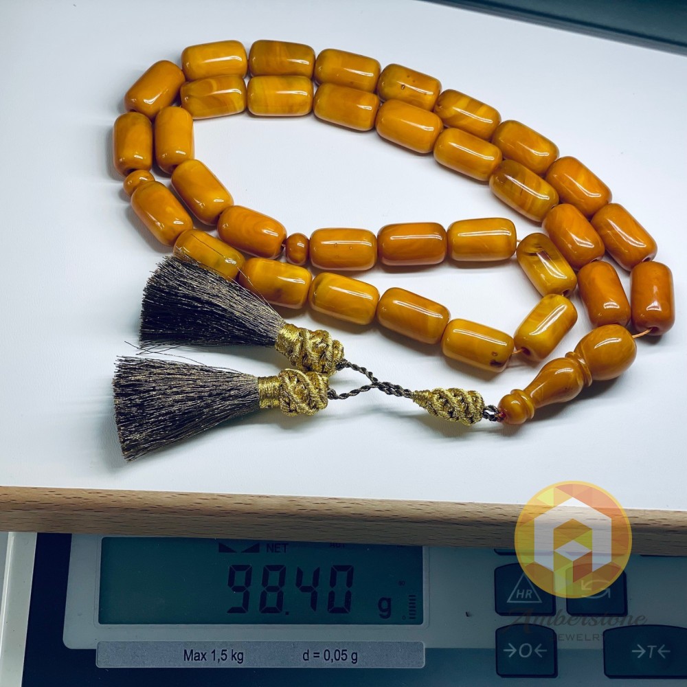 Old German Baltic Amber Misbaha Prayer, 33 Barrel Beads 20.5x13mm 92 grams