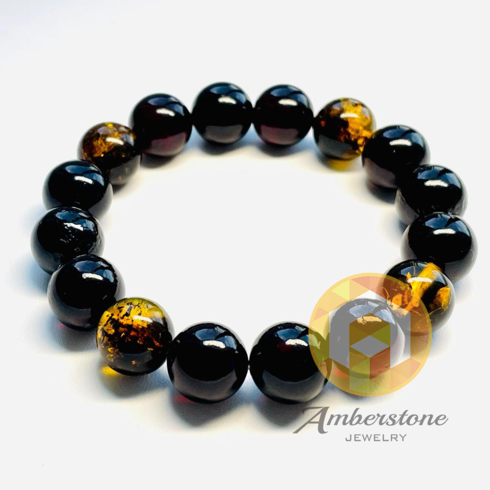 Bracelet Red Cherry And Green Amber Beads 13 mm