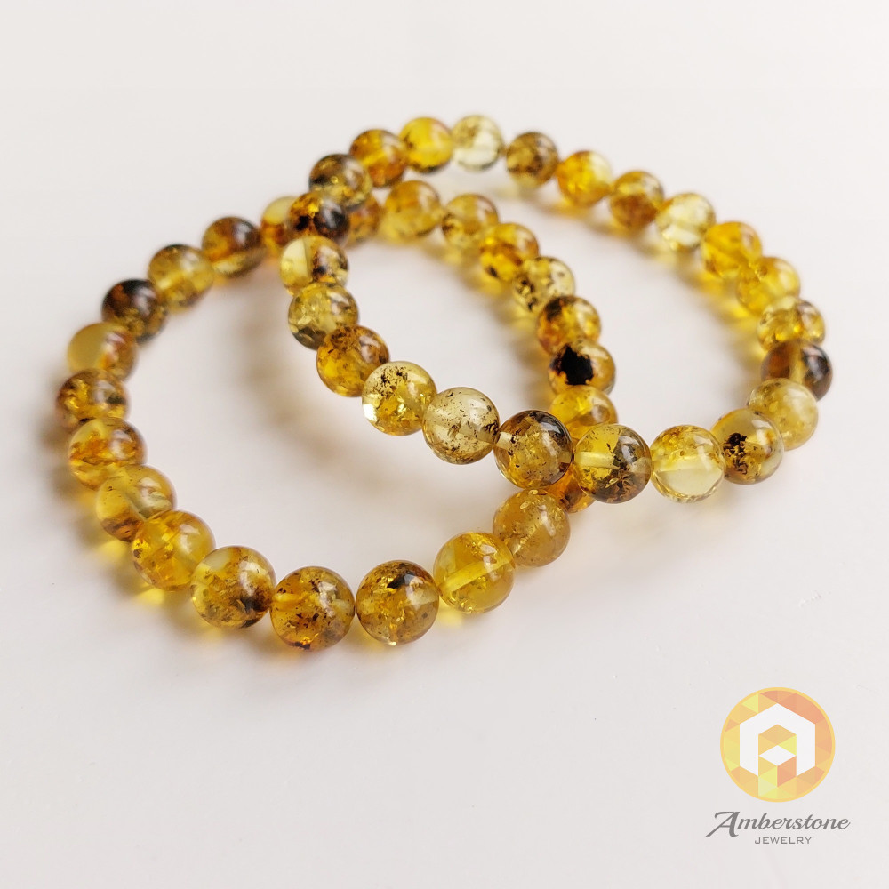 Set of Two Amber Bracelets, Green Yellow Amber