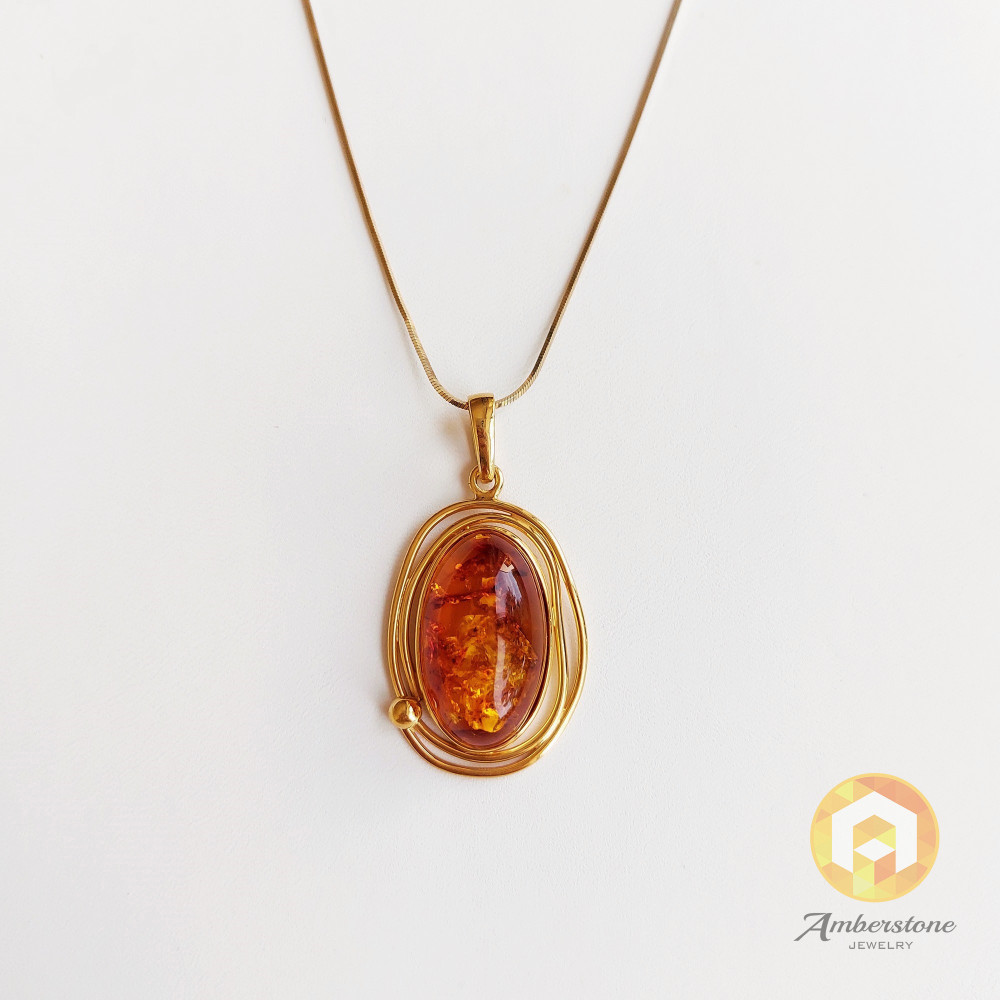 Cognac Baltic Amber Pendant, Gold-plated 925 Silver Necklace