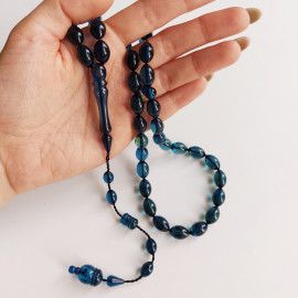 Blue Amber Islamic Beads, Olive Blue Amber Prayer Beads 66 Beads 8mm