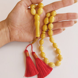 Milky White Baltic Amber Misbaha Prayer, 33 Olive Shape Beads , 38 grams