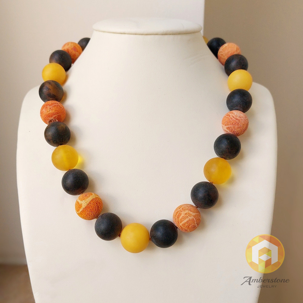 Multicolor Natural Amber Necklace Round Beaded 17mm 48cm