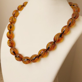 Hand Curved Natural Amber Olive Beads Necklace