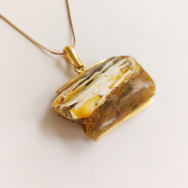 White Green Baltic Amber Pendant, Gold-plated 925 Silver Necklace