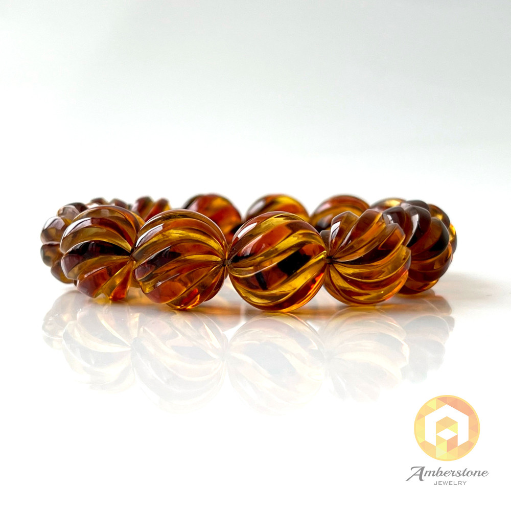 Cognac Baltic Amber Bracelet – Hand Carved Natural Amber Beads 16 mm Handmade in Poland