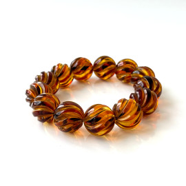 Cognac Baltic Amber Bracelet – Hand Carved Natural Amber Beads 16 mm Handmade in Poland