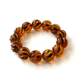 Cognac Baltic Amber Bracelet – Hand Carved Natural Amber Beads 16 mm Handmade in Poland