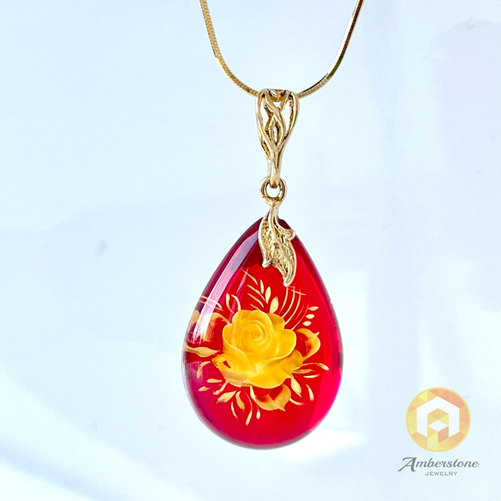 Royal Red Baltic Amber Pendant with a polished rose Handmade