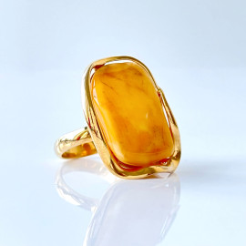 Unique Amber Ring, Yellow Baltic Amber, gold surrounds