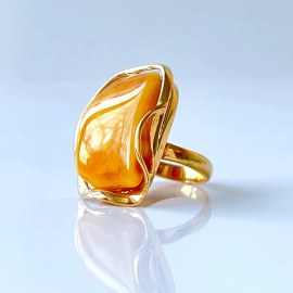 Unique Amber Ring, Yellow Baltic Amber, gold surrounds