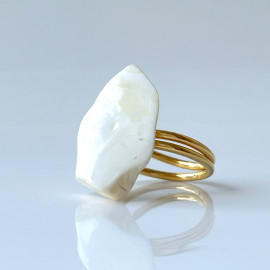 Unique Amber Ring, White Baltic Amber, gold surrounds