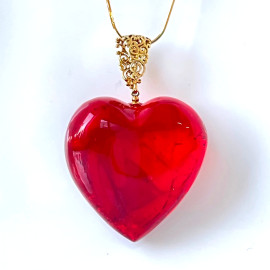 Royal Red Amber Pendant Big Heart with 925 Gold-plated Silver