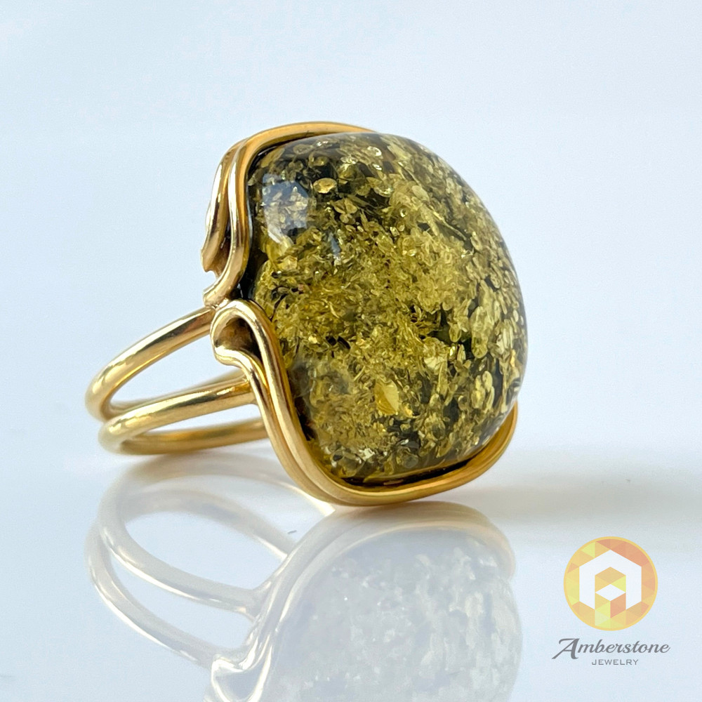 Unique Amber Ring, Green Amber, Gold surrounds