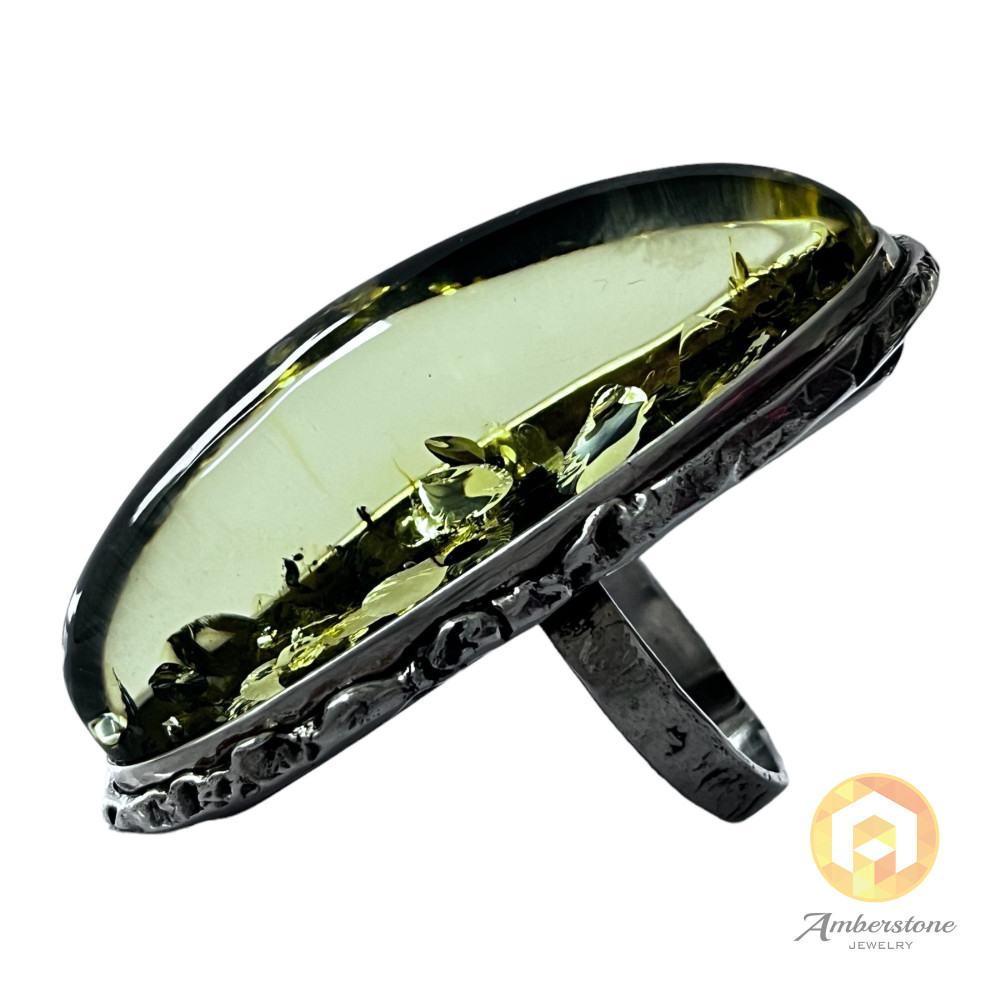 Amber Ring Green Amber Beautiful Inclusions, Silver surrounds