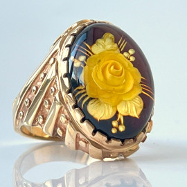 Natural Baltic Amber Signet Ring with Gold Pattern, Hand Carved Rose, Mens Amber Signet Ring