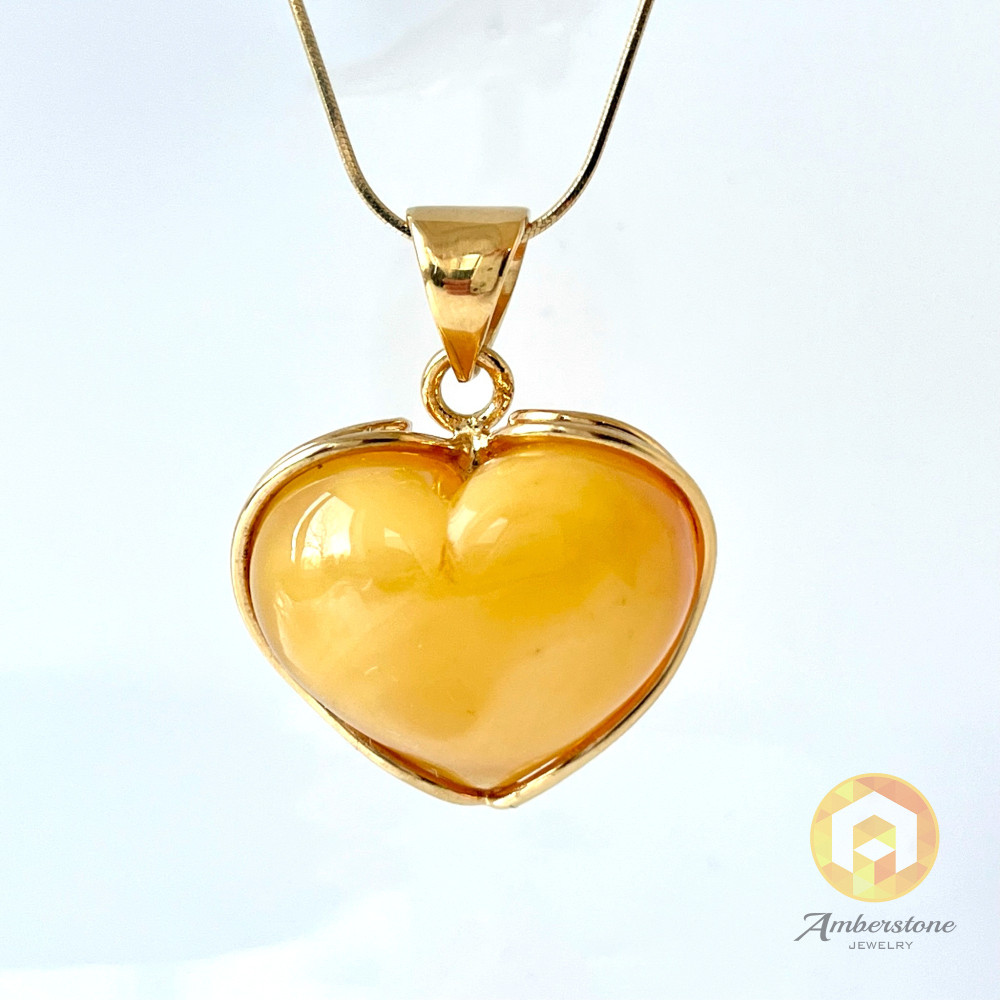 Yellow Amber Heart Pendant , Natural Baltic Amber Pendant, Gold surrounds