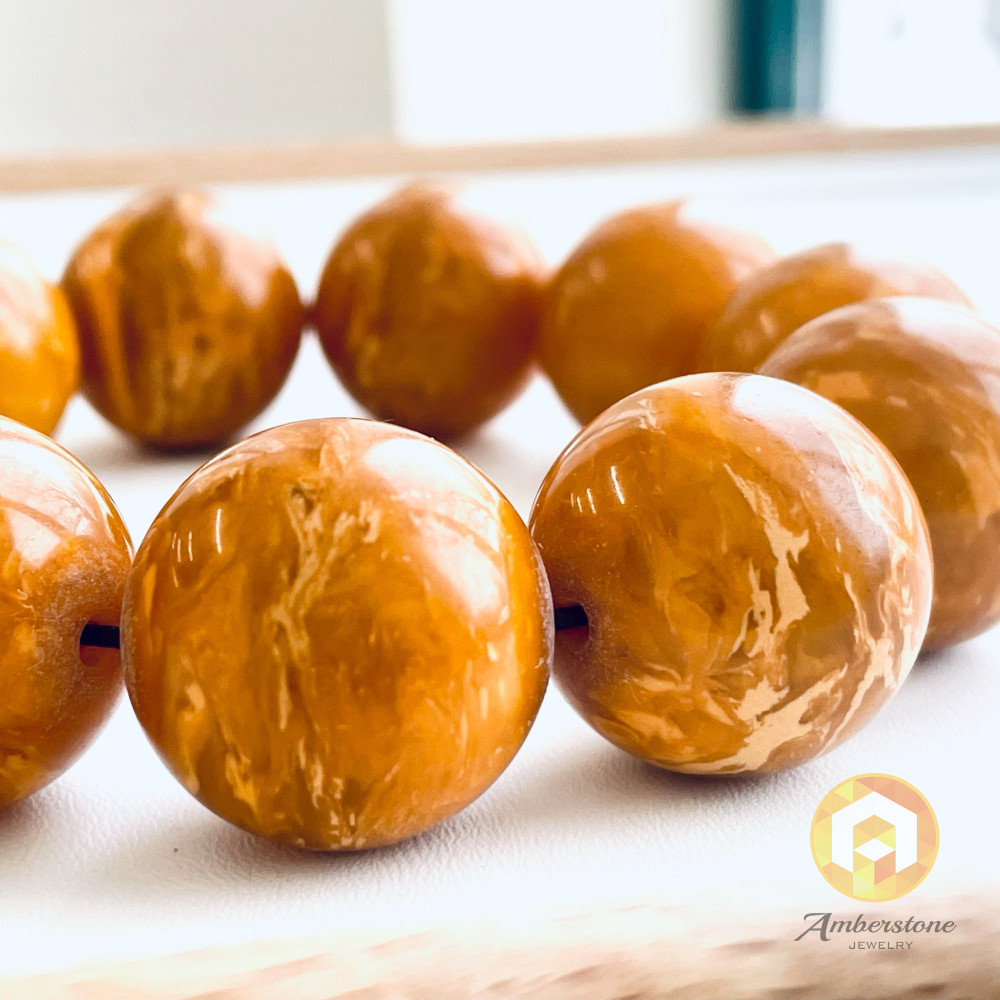 Vintage Old Natural Tiger 
Amber Beaded Bracelet Huge Beads 23mm Handmade