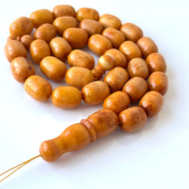 🎥 Old Pressed German Amber Beads Islamic Prayer Beads 33 Vintage Barrel Beads 13*17mm