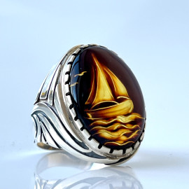 Cognac Baltic Amber Signet Ring with Silver Pattern, Natural Yellow Amber with Hand Carved Sailing Ship, Mens Amber Signet Ring