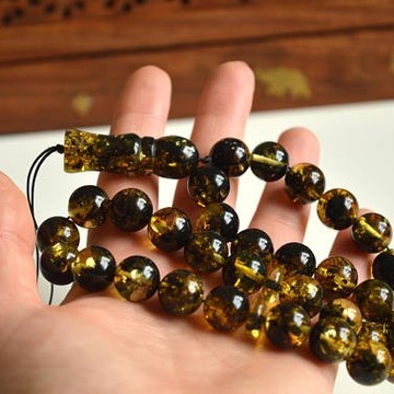 Baltic Amber Tespih Green Color Misbaha 33 Beads 12 mm 40 g Handmade