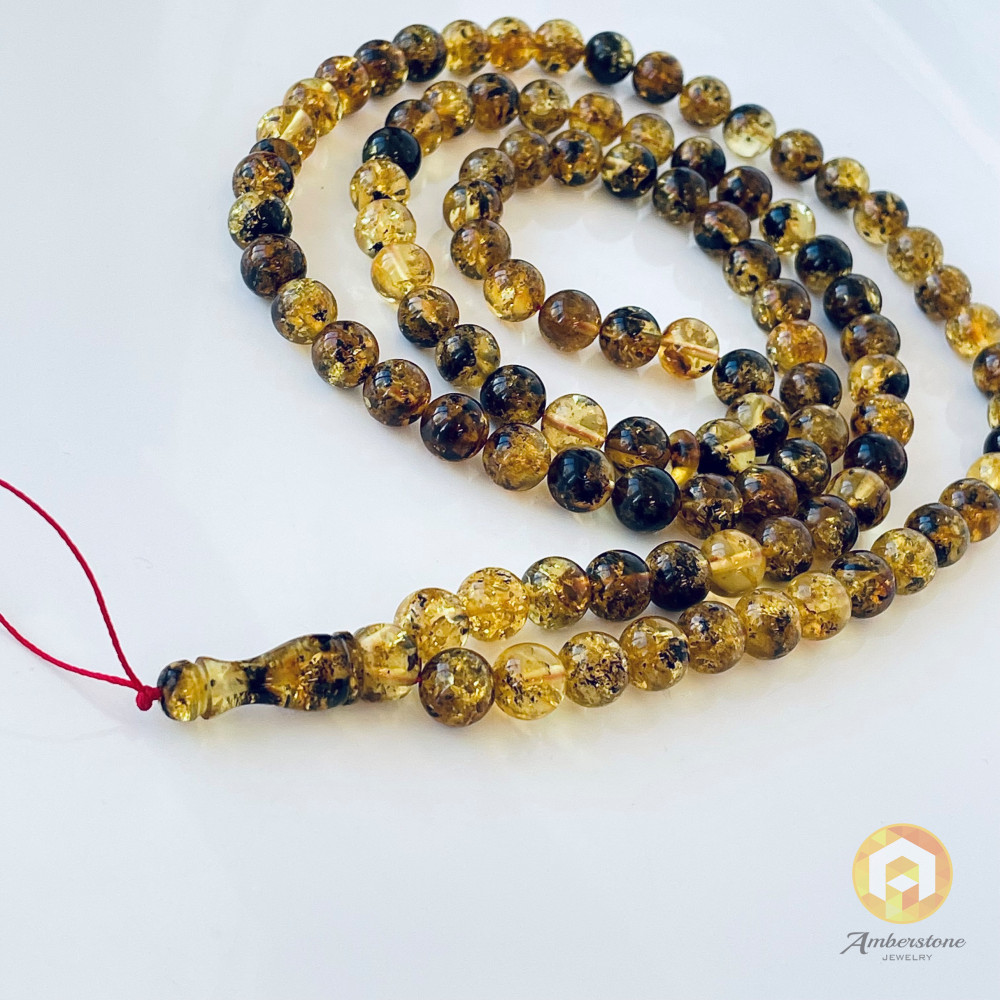 99 Amber Beads Islamic Prayer Beads Made of Natural Green Baltic Amber