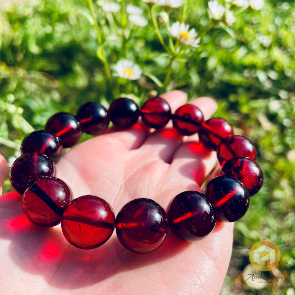 Genuine Baltic Amber Bracelet - Dark Cherry Beads, Stretch Fit, Gift Box With Certificate