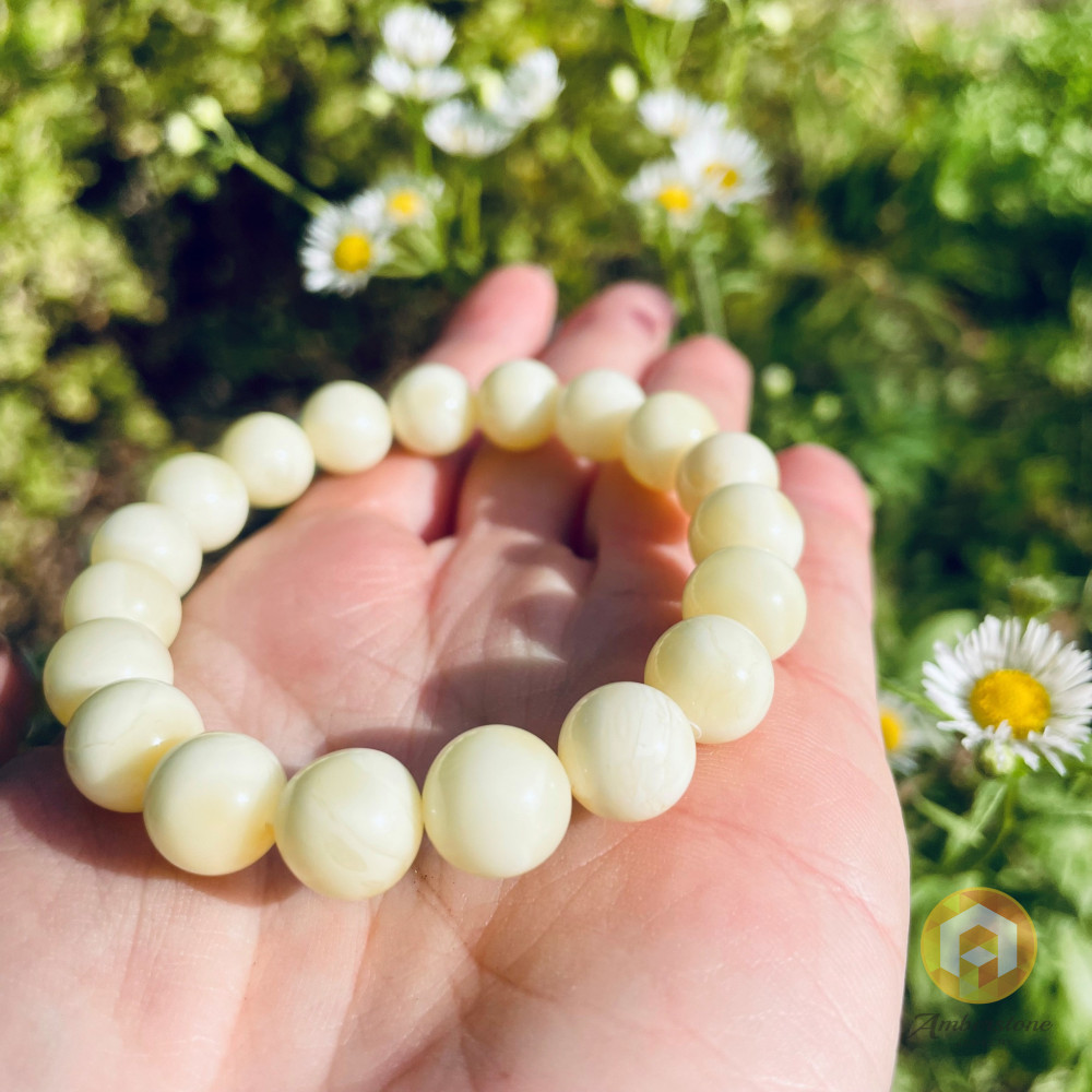 Milki White Amber Bracelet with Amber Beads, Natural Baltic Amber Bracelet 13.2 grams