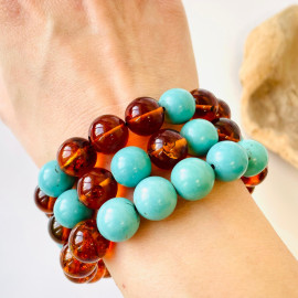 
Cognac Amber with Turquoise, Unique Bracelet