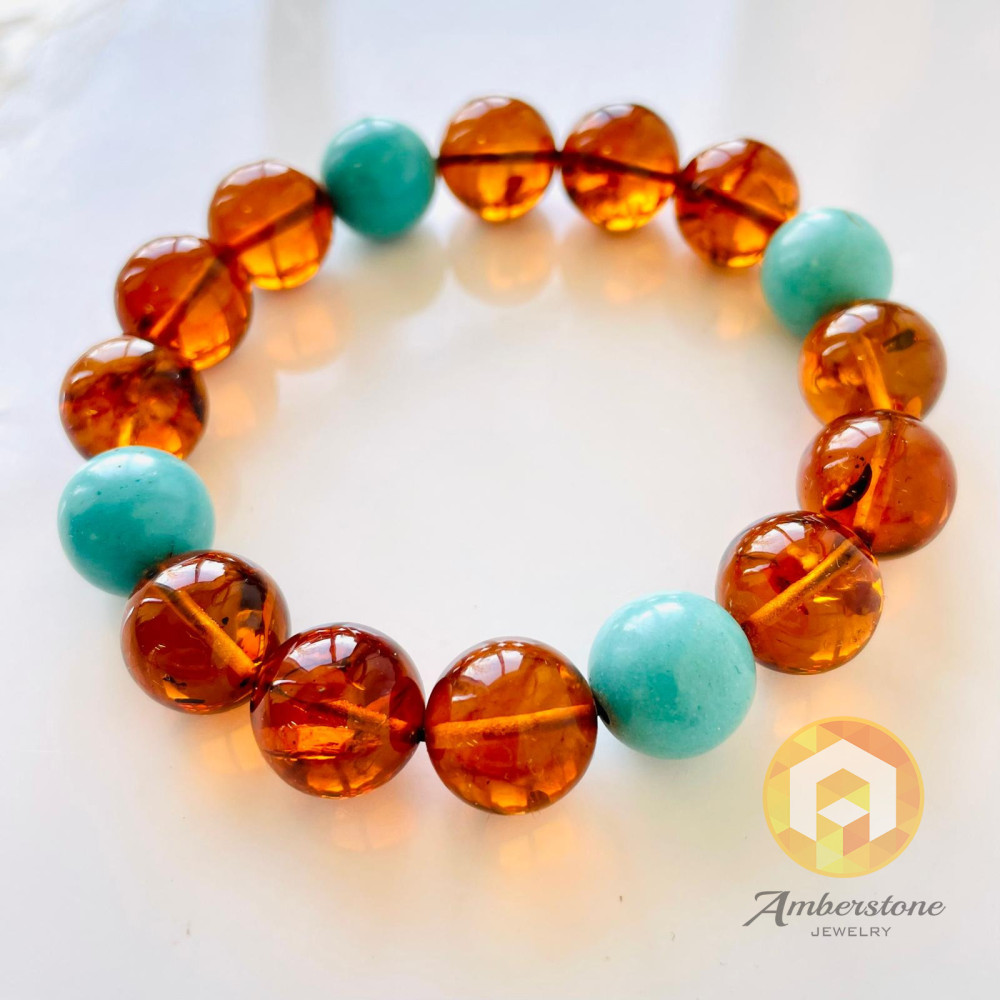 Cognac Amber and Turquoise, Unique Bracelet
