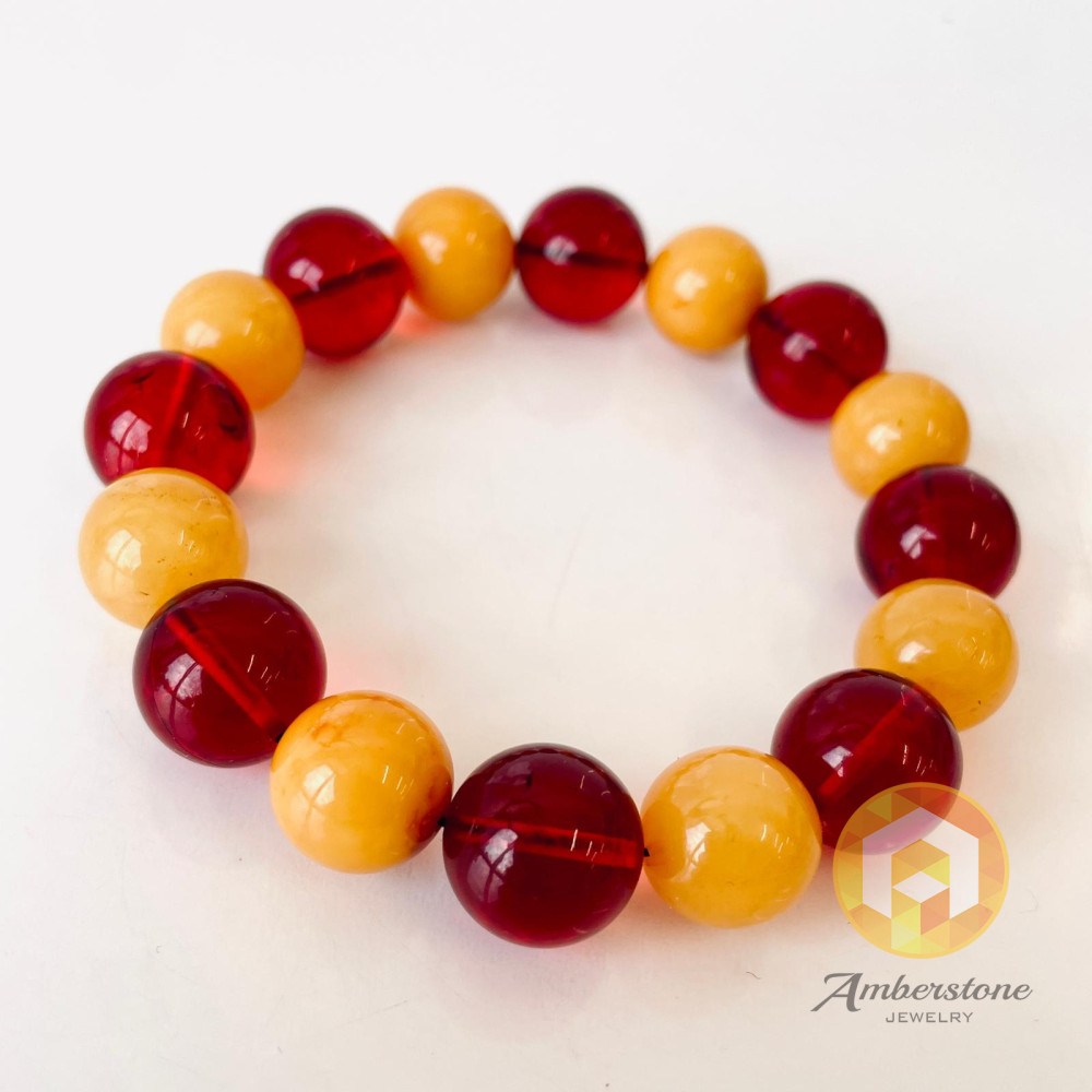 Red and Butterscotch Amber Round Beads Bracelet