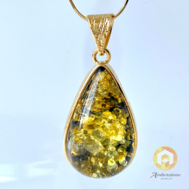 Green Amber Pendant with Inclusions in Gold-Plated Setting – Natural Beauty in a Luxurious Form